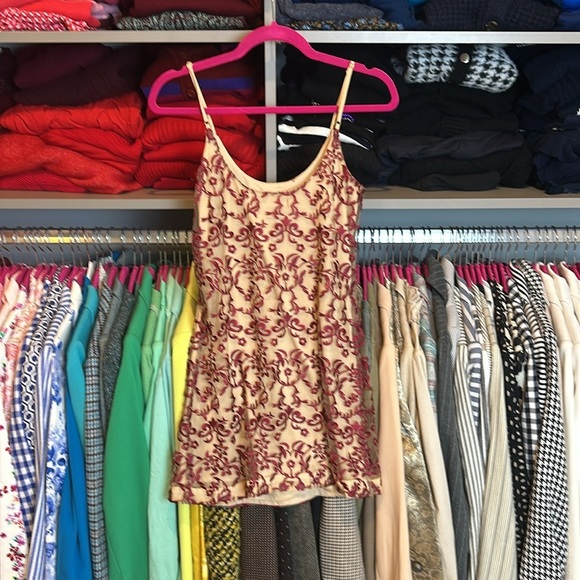 Saks Fifth Avenue tan and red spaghetti strap mini dress size SP - Picture 3 of 3